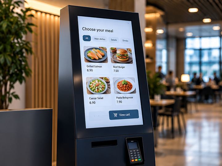 Self-service ordering kiosk in a restaurant